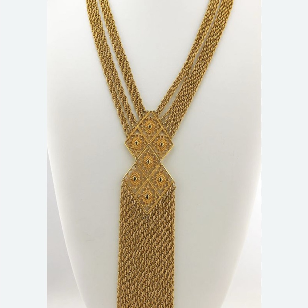 Gold Lariat Necklace with Filigree Pendant and Tassel Vintage